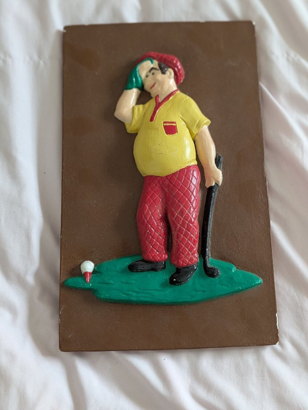 Vintage Golfer Wall Plaque Chalkware 3D Relief